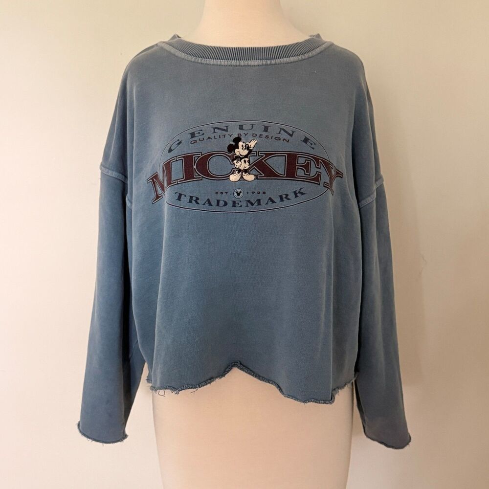 Mickey Inc VTG Russia Blue Raw Hem Cropped Graphic Sweatshirt Pullover Top Sz M
